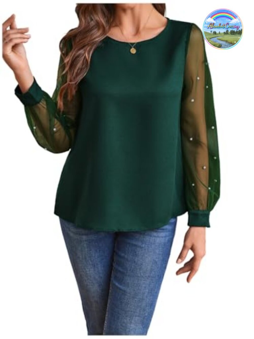 Floerns Women's Pearl Sheer Mesh Long Sleeve Blouse
